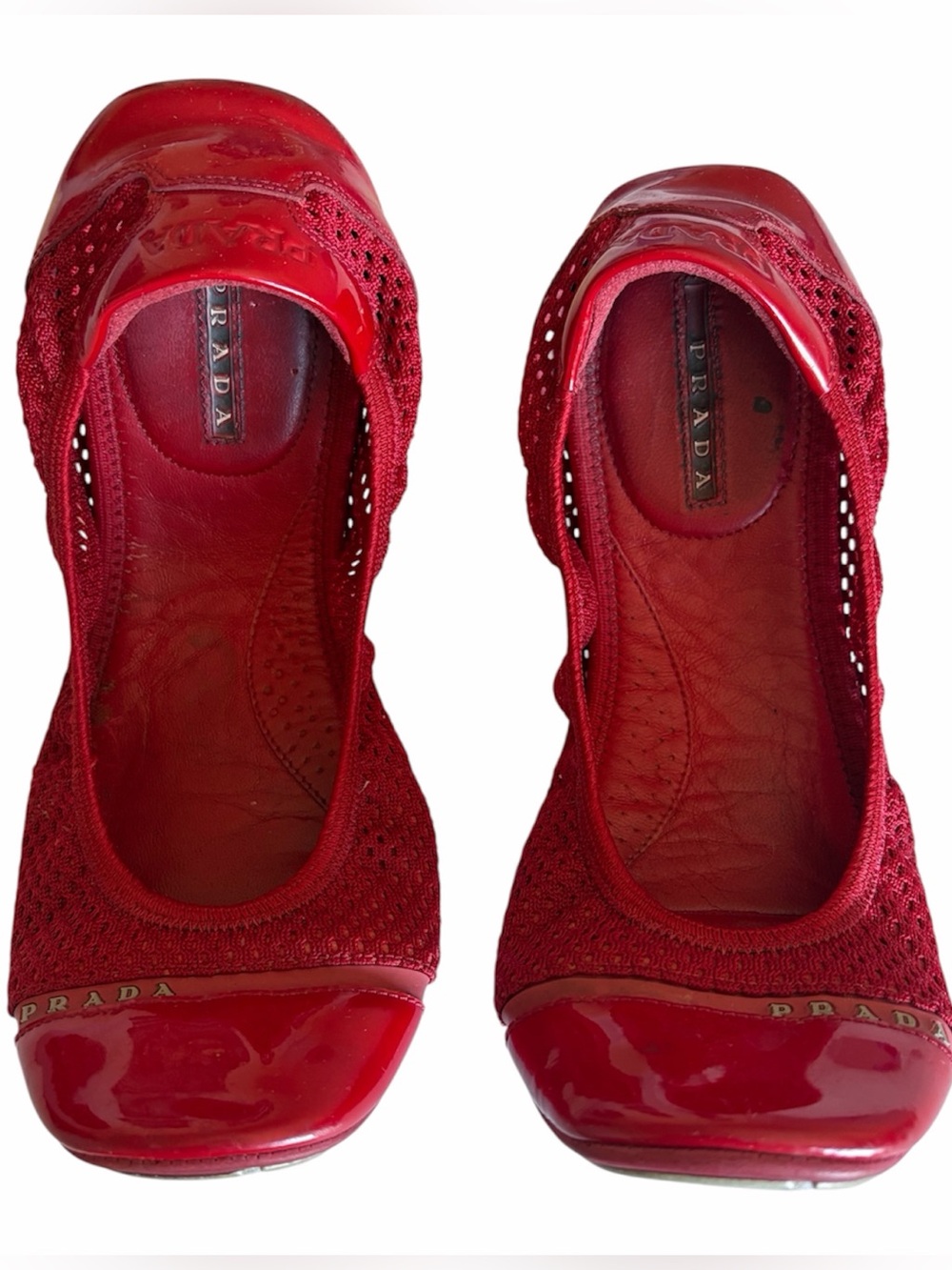 Vintage Prada Sport Red Mesh Patent Leather Cap Toe Ballet Flats Y2K Size 8.5-9